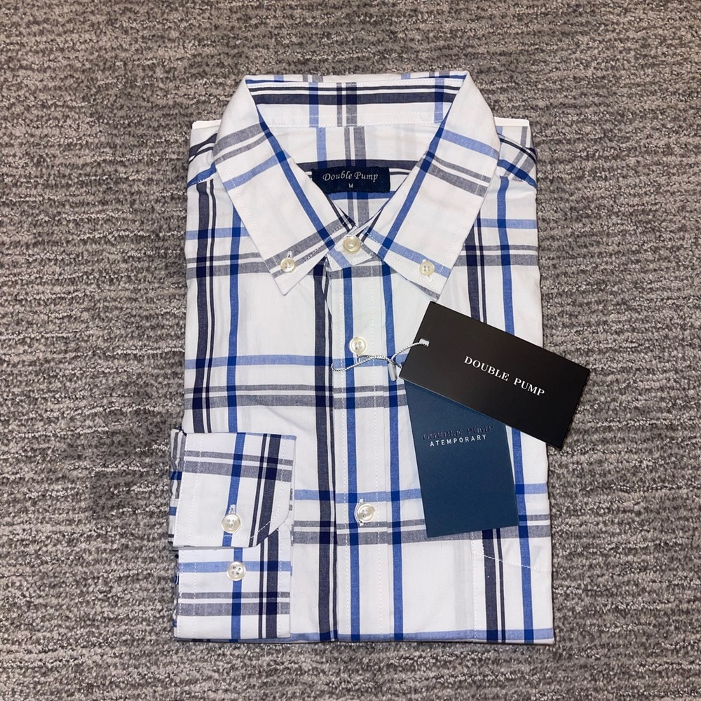 Men's White and Blue Plaid Dress Shirt